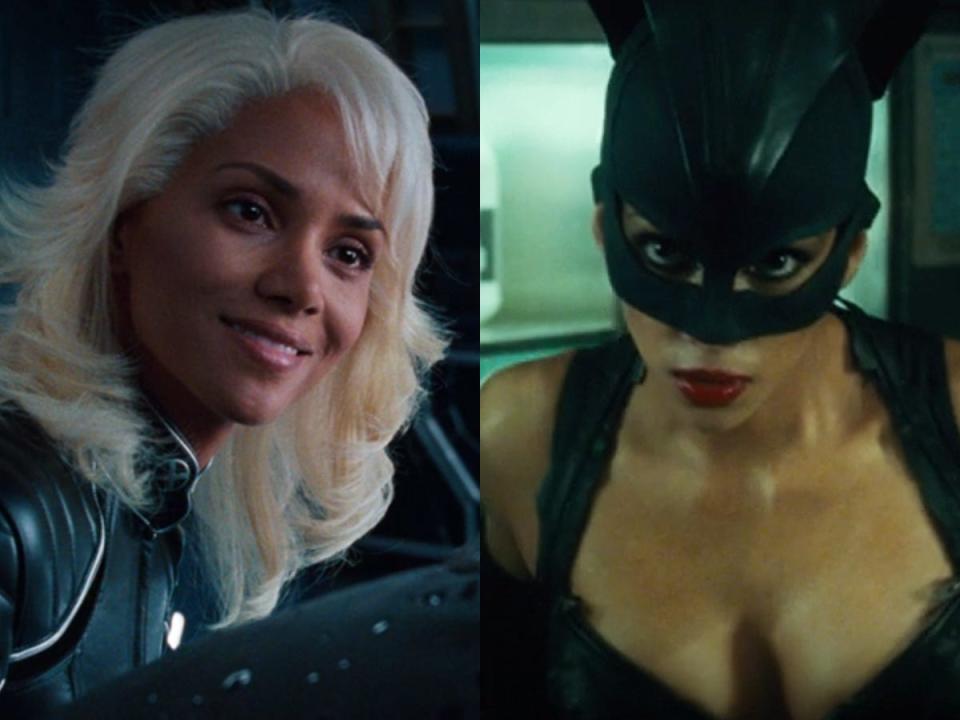 On the left: Halle Berry as Ororo Munroe/Storm in "X2." On the right: Berry as Patience Phillips/Catwoman in "Catwoman."