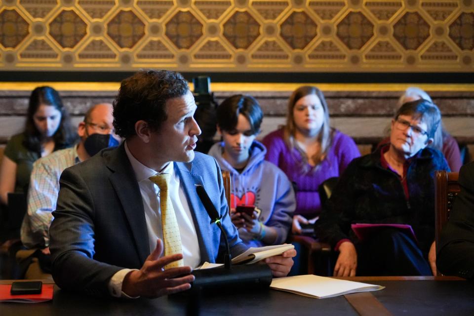 Rep. Jeff Shipley, R-Birmingham, speaks out Wednesday, Jan. 31, 2024, at the Iowa Capitol in Des Moines about a bill to remove gender identity protections from state civil rights law.