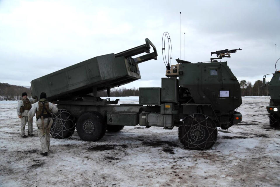 U.S. Marines train with High Mobility Artillery Rocket Systems, or HIMARS, at a site near Alta, Norway. (Carlo Angerer / NBC News)