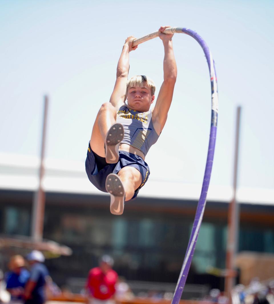 Stephenville's Ben Kirbo vaults at the state track and field meet in Austin.