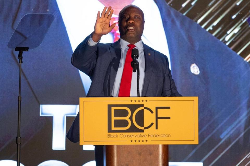 Senator Time Scott speaks at the Black Conservative Federation gala at the Columbia Convention Center on Friday, February 23, 2024.