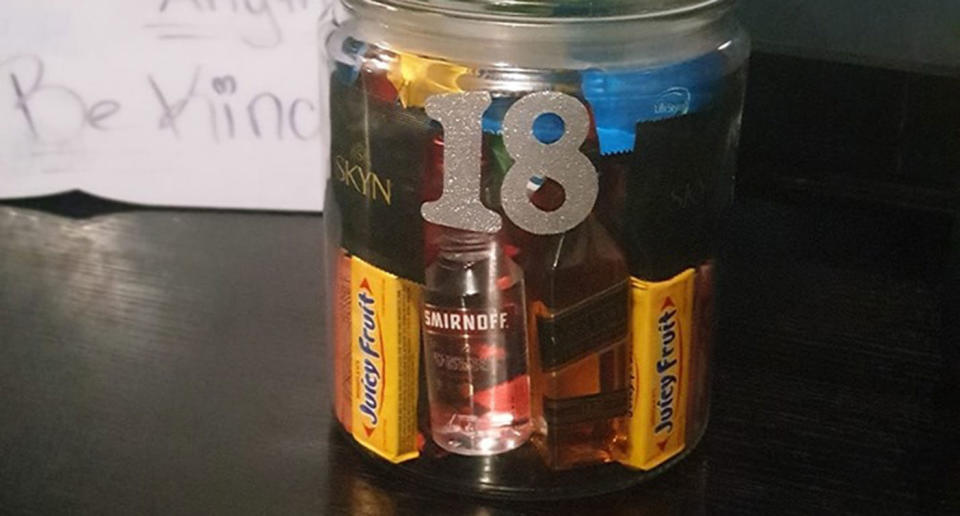 A Sydney mum's 18th birthday gift to her son – a cookie jar filled with little bottles of alcohol, chewing gum and condoms – has sparked debate.