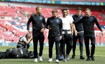 <p>England’s Jamie Vardy (right) in relaxed mood before the game </p>