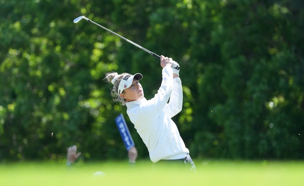 THE WOODLANDS, TEXAS - APRIL 21: Nelly Korda tees off on the 12th hole during the championship round of The Chevron Championship at Carlton Woods on Sunday, April 21, 2024 in The Woodlands. Nelly Korda won the tournament by shooting a combined13 below par. (Elizabeth Conley/Houston Chronicle via Getty Images)