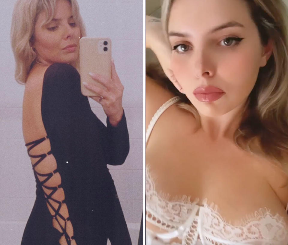 On the left, Olivia shows off her black dress with an open back. On the right, Olivia poses in white lingerie