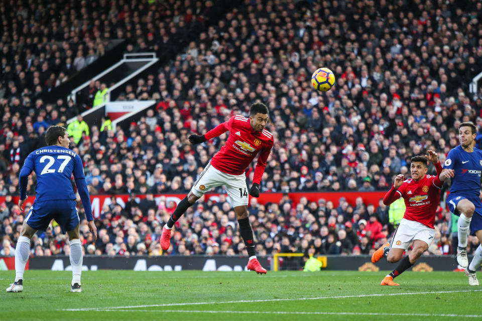 Jesse Lingard heads in Manchester United’s second goal against Chelsea on Sunday. (Getty)