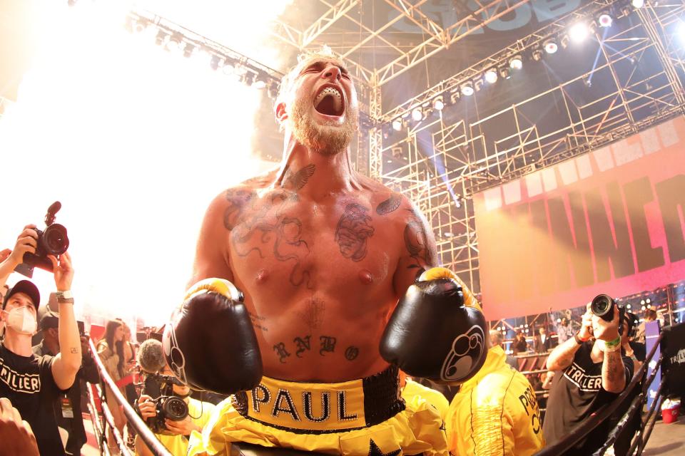 <p>Jake Paul celebrates his emphatic win over Ben Askren</p> (Getty Images for Triller)