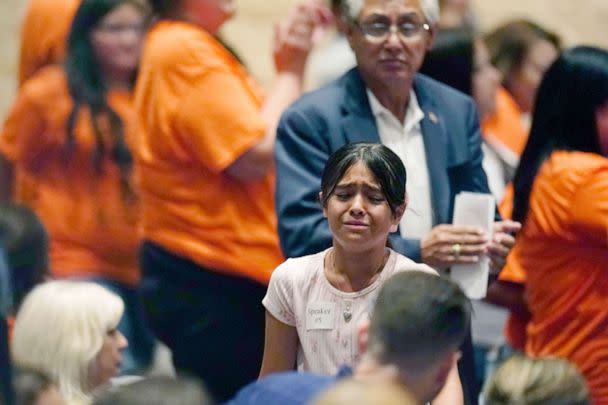 PHOTO: A student reacts after she spoke during a termination hearing to decide the fate of Uvalde School District Police Chief Pete Arredondo in Uvalde, Texas, Aug. 24, 2022. (Eric Gay/AP)