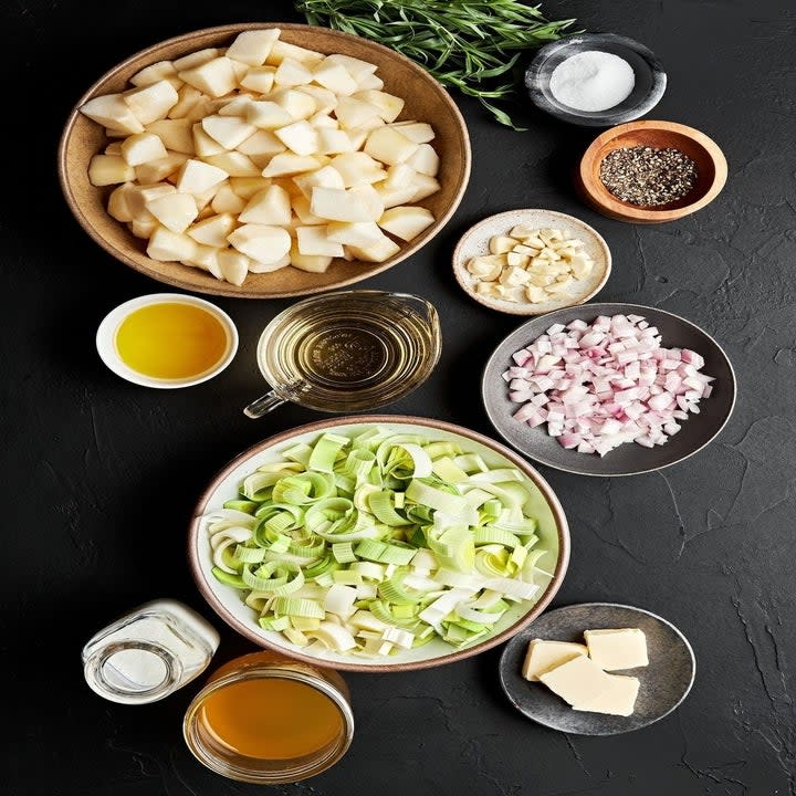 mise en place ingredients for the pear and buttermilk bisque