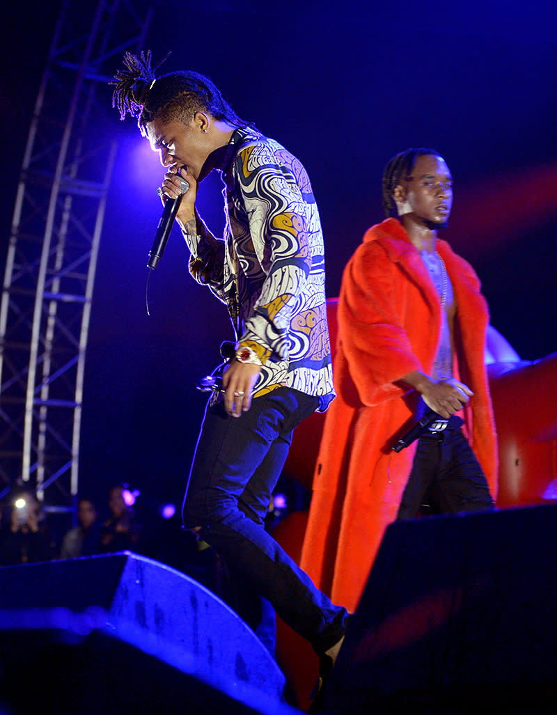 Swae Lee (L) and Slim Jimmy of Rae Sremmurd perform onstage during FYF Fest 2016 at Los Angeles Sports Arena on August 28, 2016 in Los Angeles, California. (Photo by Matt Winkelmeyer/Getty Images for FYF)