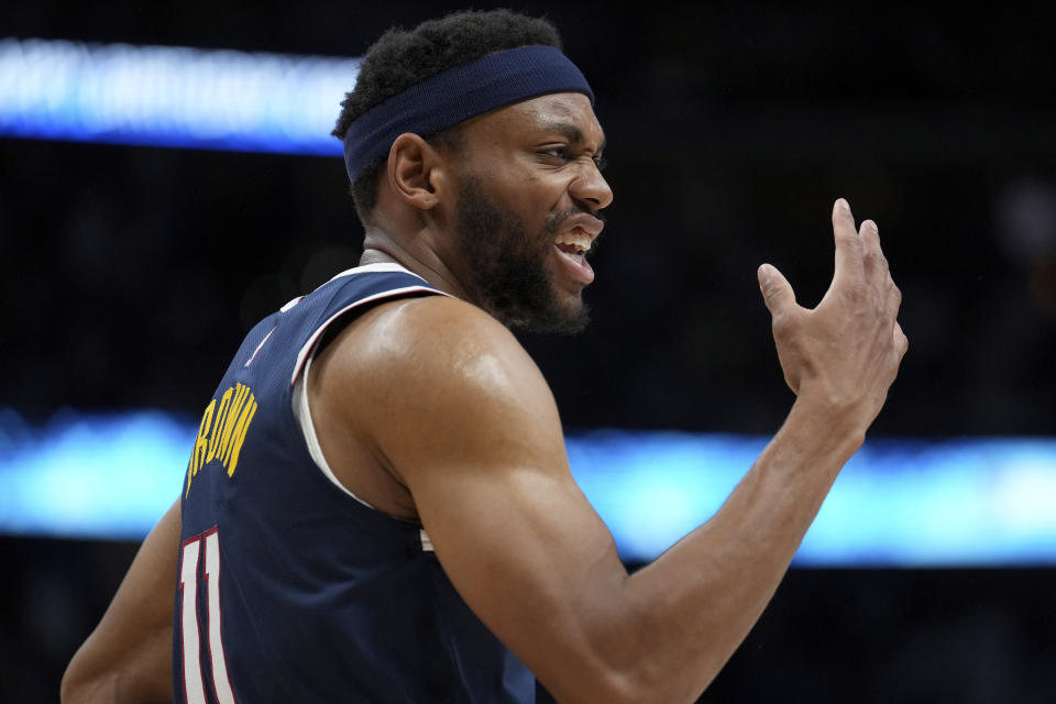 Denver Nuggets forward Bruce Brown reacts after a play during the second half of Game 2 of the NBA basketball Western Conference Finals series against the Los Angeles Lakers, Thursday, May 18, 2023, in Denver. (AP Photo/Jack Dempsey)