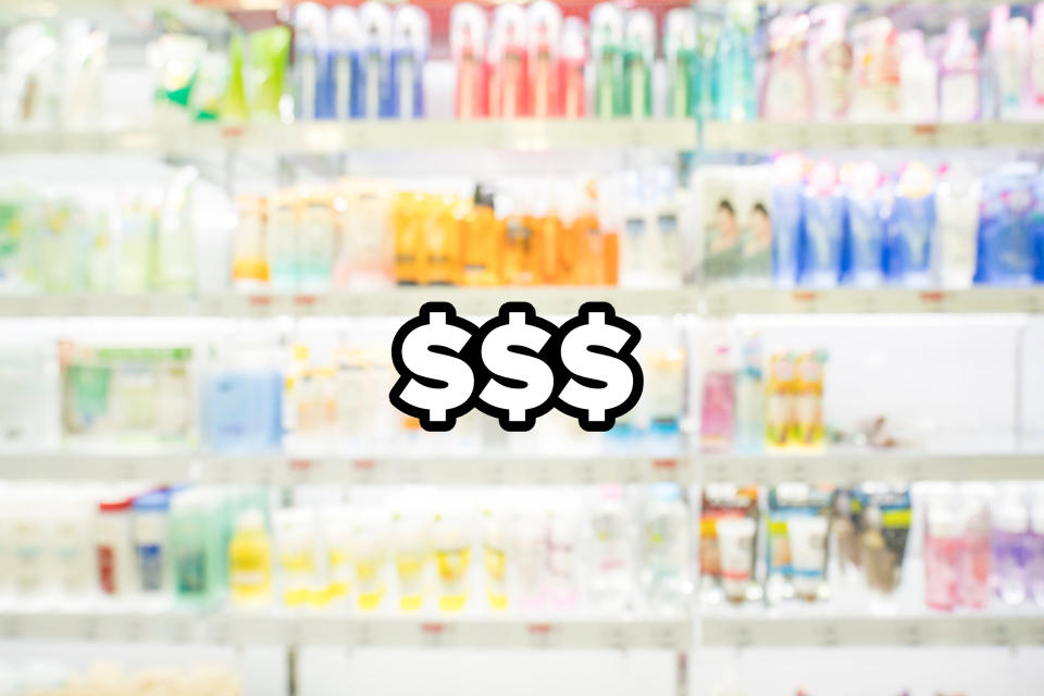 "$$$" over an image of skincare products on a shelf