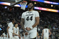 Colorado center Eddie Lampkin Jr. (44) celebrates after a play against Oregon during the first half of an NCAA college basketball game in the championship of the Pac-12 tournament Saturday, March 16, 2024, in Las Vegas. (AP Photo/John Locher)
