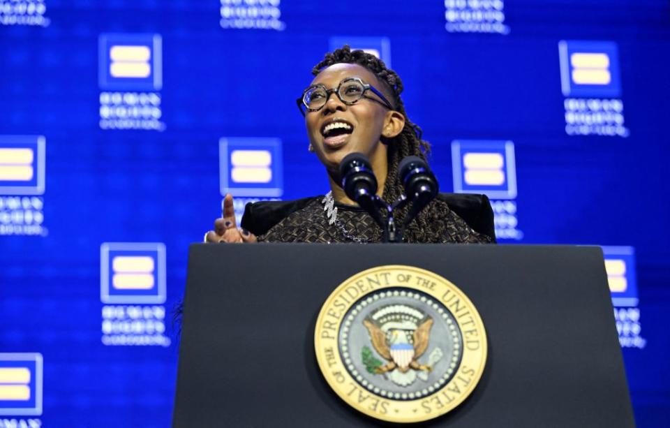 Kelley Robinson, President of the Human Rights Campaign, speaks during the Human Rights Campaign National Dinner at the Washington Convention Center on Oct. 14, 2023, in Washington, D.C. (Photo by ANDREW CABALLERO-REYNOLDS/AFP via Getty Images)