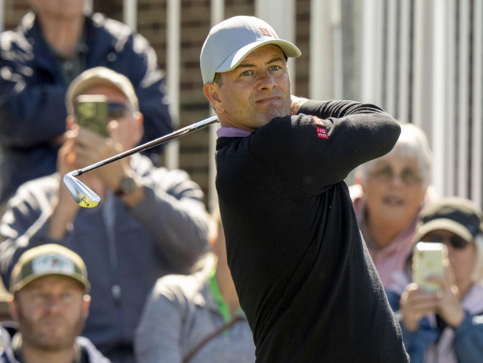 Adam Scott of Australia watches his tee shot on the first hole during the first round of the Canadian Open golf tournament in Hamilton, Ontario Thursday, May 30, 2024. (Frank Gunn/The Canadian Press via AP)