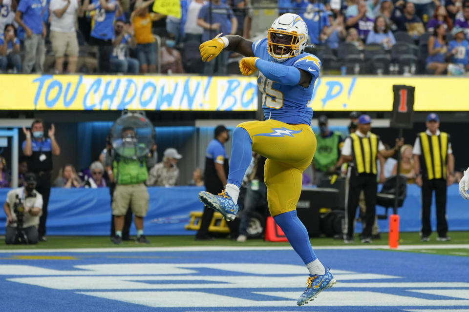 Los Angeles Chargers running back Larry Rountree III (35) celebrates after scoring a touchdown during the first half of an NFL football game against the Minnesota Vikings, Sunday, Nov. 14, 2021, in Inglewood, Calif. (AP Photo/Marcio Jose Sanchez)