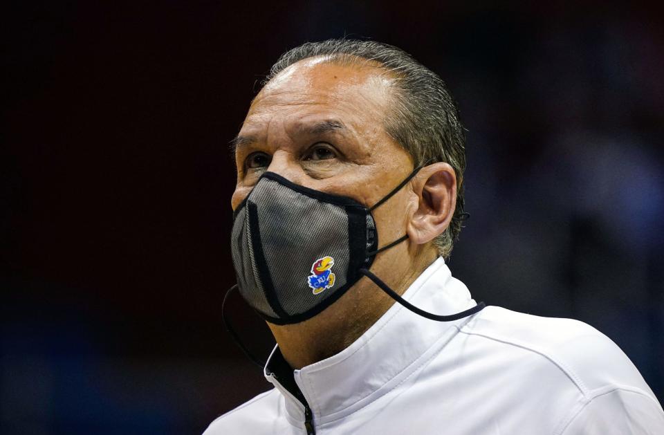 Kansas Jayhawks assistant coach Kurtis Townsend watches warmups Feb. 2, 2021, before the game against the Kansas State Wildcats at Allen Fieldhouse.