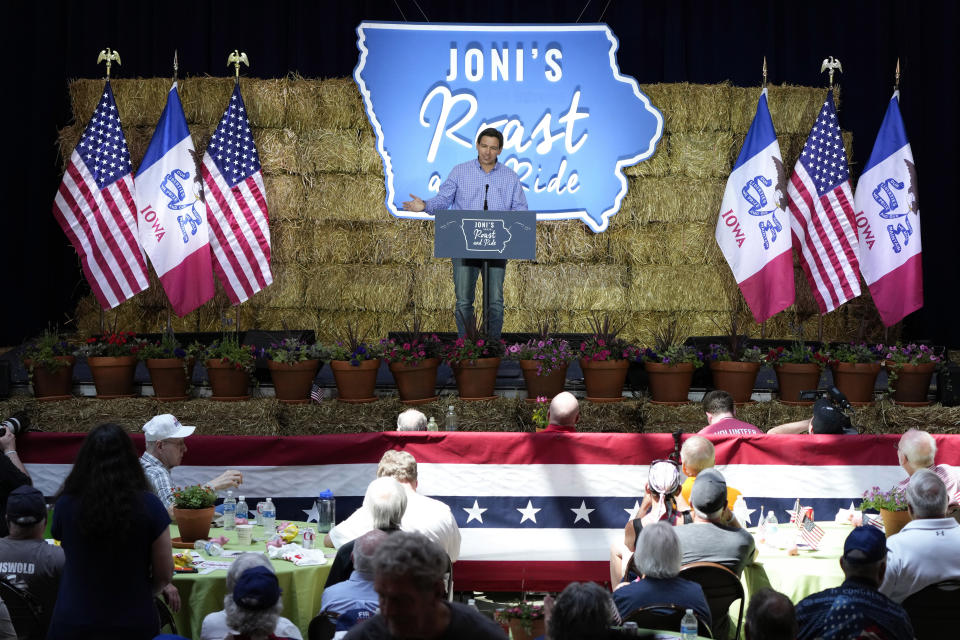 FILE - Republican presidential candidate and Florida Gov. Ron DeSantis speaks during U.S. Sen. Joni Ernst's Roast and Ride, Saturday, June 3, 2023, in Des Moines, Iowa. (AP Photo/Charlie Neibergall, File)