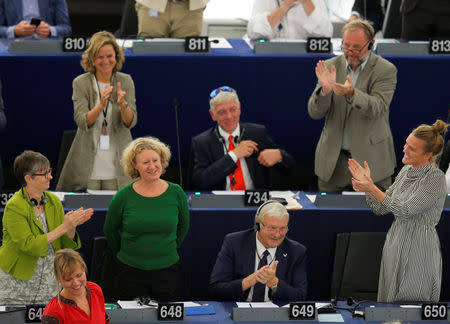 Rapporteur Judith Sargentini is congratulated after members of the European Parliament took part in a vote on the situation in Hungary during a voting session at the European Parliament in Strasbourg, France, September 12, 2018. REUTERS/Vincent Kessler