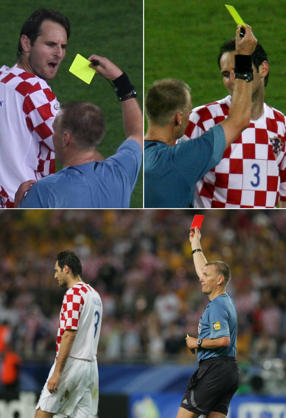 La combinación de las tres tarjetas amarillas y la roja que el árbitro Graham Poll de Inglaterra le sacó al croata Josip Simunic. (Foto: REUTERS/Kieran Doherty y David Gray)