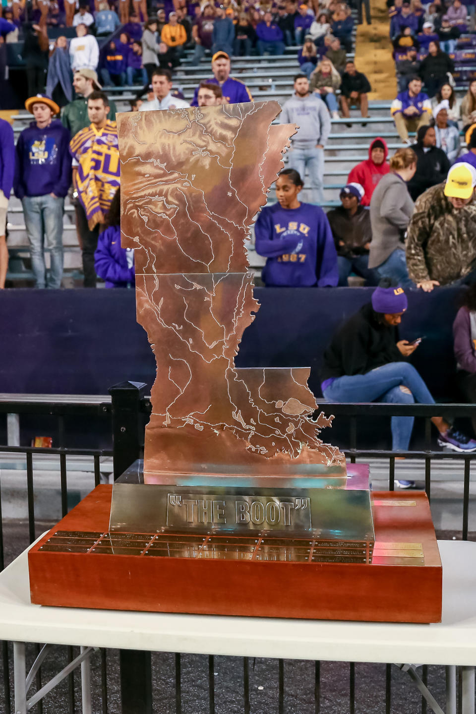 Nov 23, 2019; Baton Rouge, LA, USA; General view of The Boot trophy LSU Tigers won against Arkansas Razorbacks during the second half at Tiger Stadium. Mandatory Credit: Stephen Lew-USA TODAY Sports