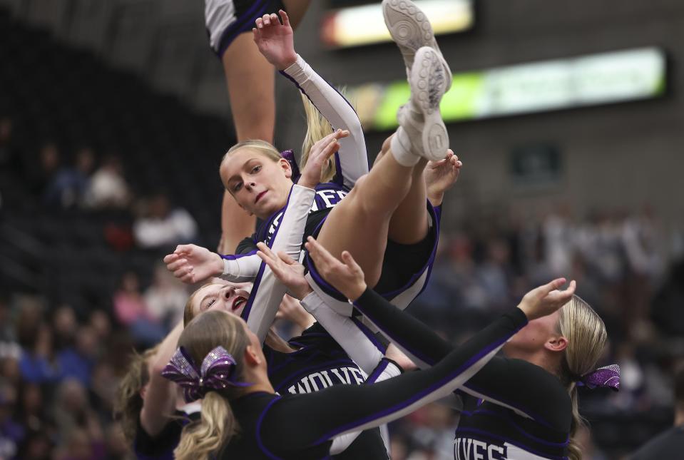 Riverton High School competes in the 6A Competitive Cheer Tournament at the UCCU Center at Utah Valley University in Orem on Thursday, Jan. 25, 2023. | Laura Seitz, Deseret News