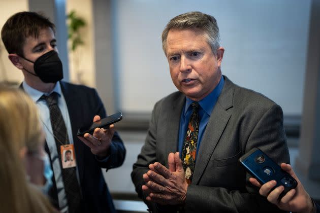 Sen. Roger Marshall (R-Kan.) talks with reporters on his way to a vote at the U.S. Capitol on Dec. 2 in Washington, D.C. With a deadline at midnight on Friday, congressional leaders are working to pass a continuing resolution to fund the government and avoid a government shutdown. (Photo: Drew Angerer via Getty Images)