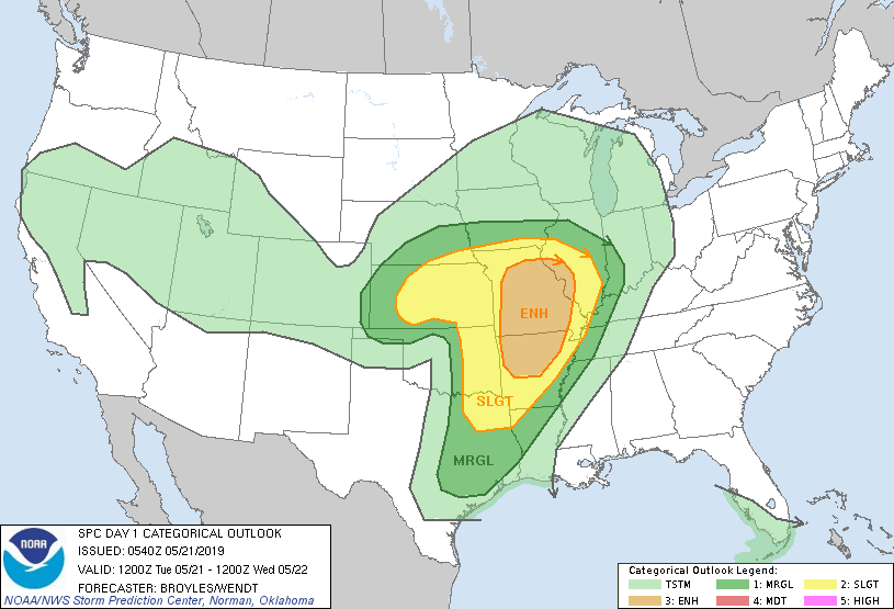 Photo Courtesy of NOAA's National Weather Service Storm Prediction Center. Severe thunderstorms with the possibility of wind gusts and a few tornadoes are forecasted across parts of Missouri, Western Illinois and Arkansas on Tuesday.