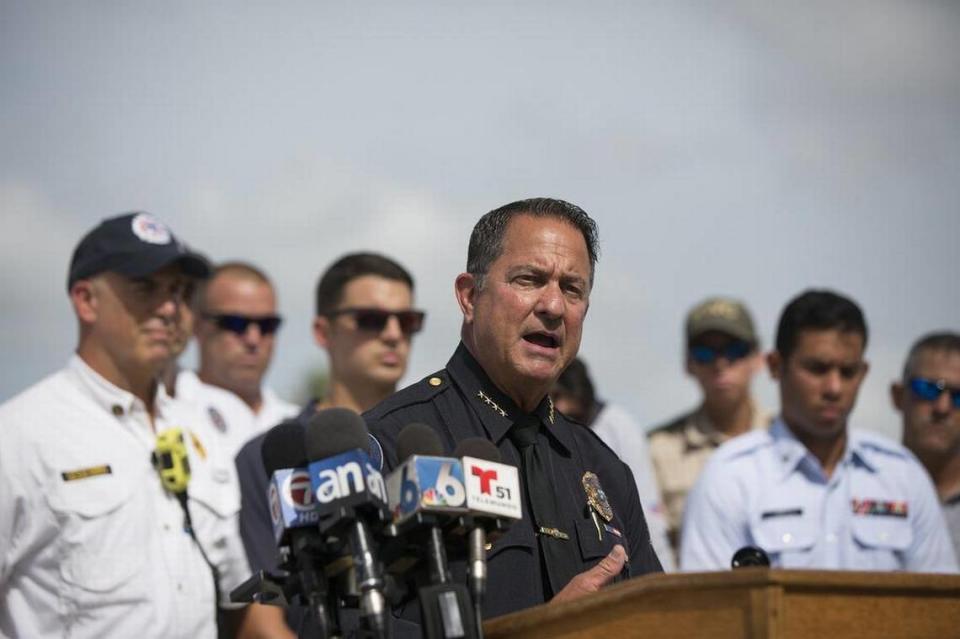 Chief of Key Biscayne Police Charles Press addresses boating safety at the Miami Beach Coast Guard Station on Thursday, July 2, 2015. The department will conduct a training exercise at Key Biscayne K-8 Center at 9 a.m. Monday.