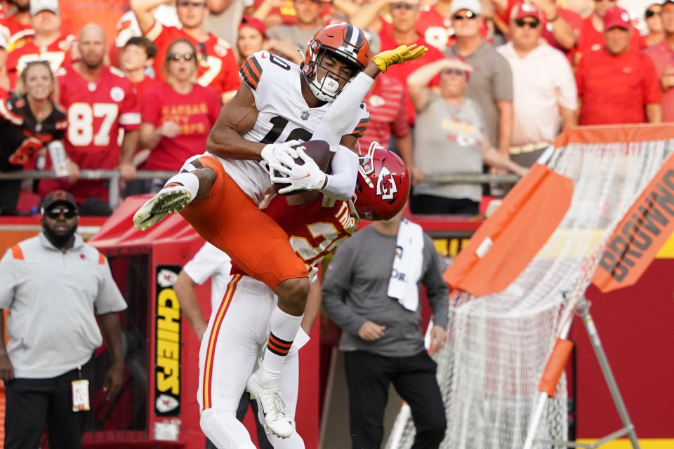 Kansas City Chiefs safety Juan Thornhill breaks up a pass intended for Cleveland Browns wide receiver Anthony Schwartz, left, during the second half of an NFL football game Sunday, Sept. 12, 2021, in Kansas City, Mo. (AP Photo/Ed Zurga)