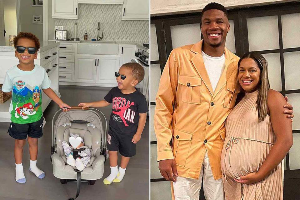 <p>Giannis Antetokounmpo/Instagram (2)</p> Maverick and Liam with baby sister Eva Brooke (L), Giannis Antetokounmpo and Fiance Mariah Riddlesprigger (R)