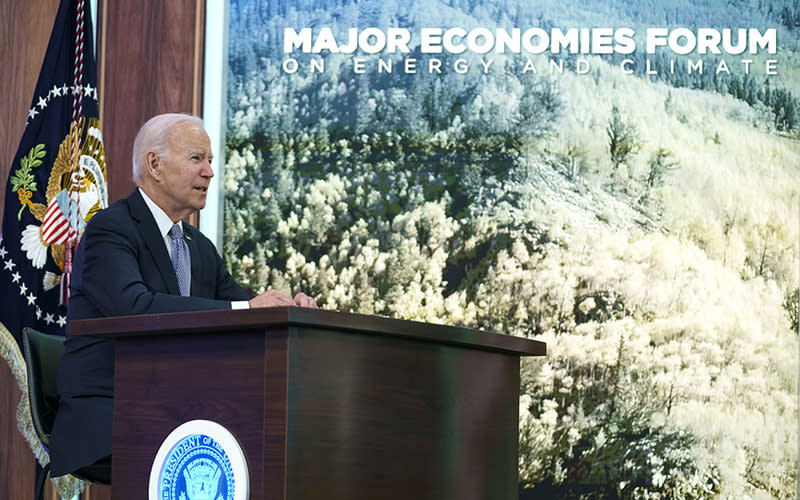 President Biden makes opening remarks during a virtual meeting