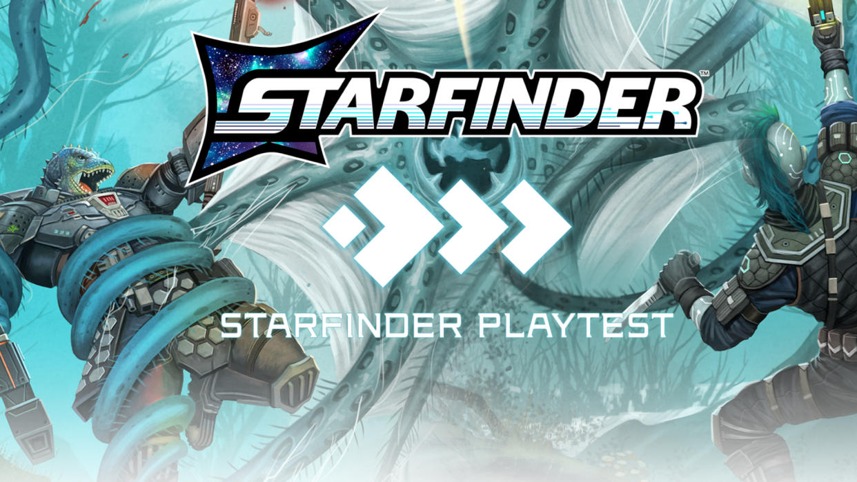  Two aliens battle a monster with the Starfinder second edition logo over the top 