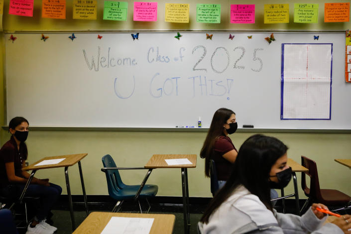 Students inside a classroom during the first day of classes at a public school in Miami Lakes, Florida, U.S., on Monday, Aug. 23, 2021. (Getty Images via Eva Marie Uzcategui/Bloomberg)