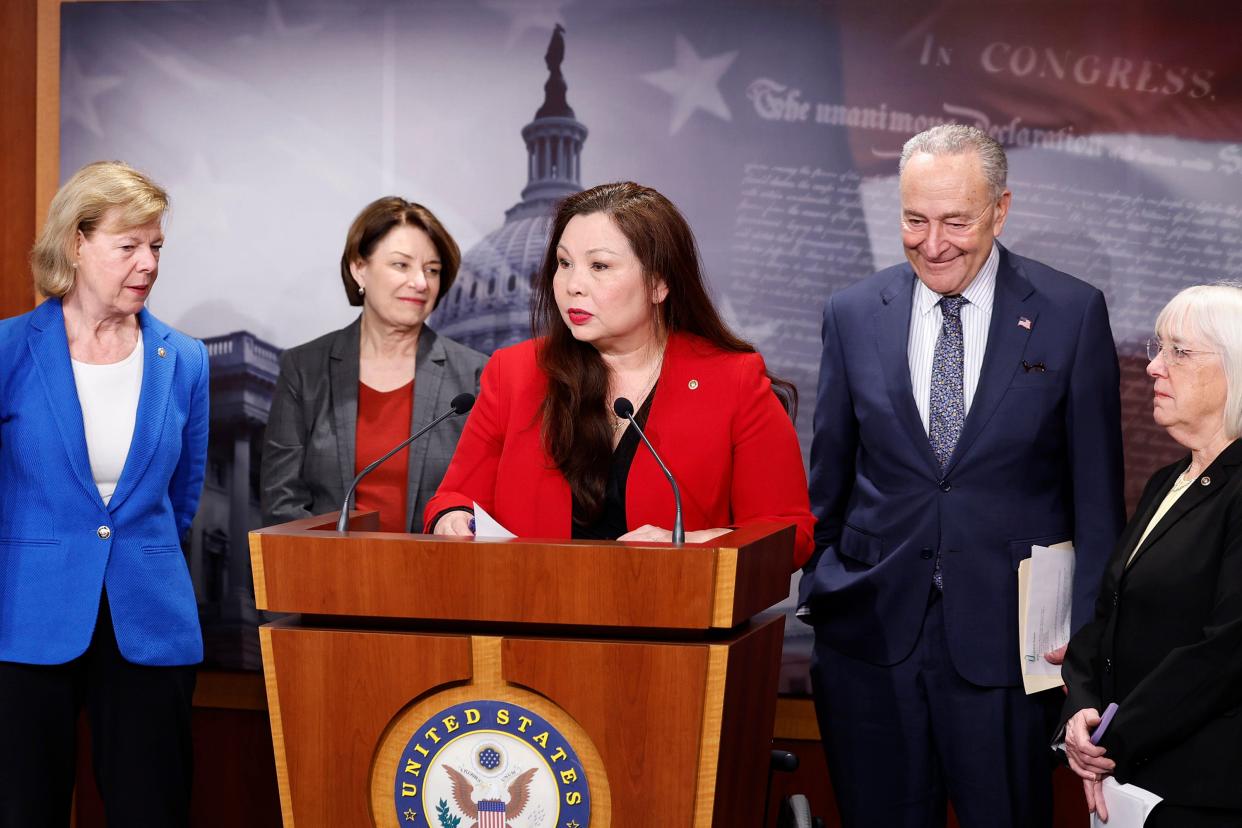 U.S. Sen. Tammy Duckworth (D-Ill.) speaks during a news conference at the U.S. Capitol on protections for access to in vitro fertilization on February 27, 2024 in Washington, DC. She brought Access to Family Building Act to the floor by unanimous consent Wednesday but Sen. Cindy Hyde-Smith (R-Miss.) blocked it.
