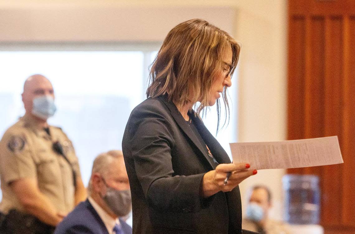 Ada County Deputy Prosecutor Katelyn Margueritte Farley addresses 4th District Judge Micheal Reardon during the sentencing of former state Rep. Aaron von Ehlinger at the Ada County Courthouse on Wednesday.