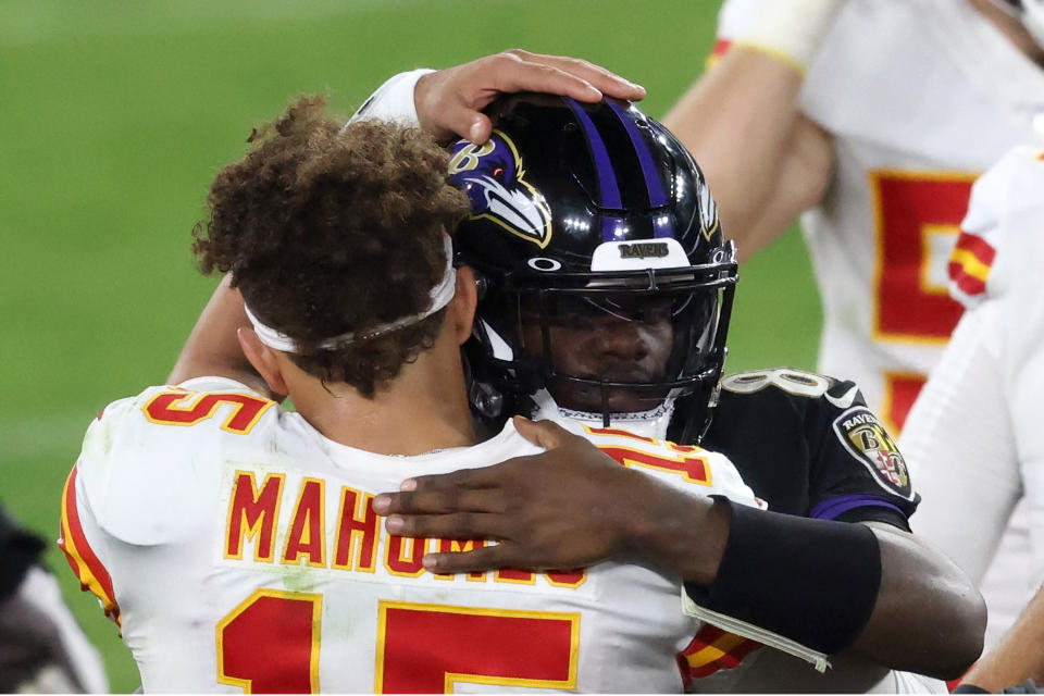 BALTIMORE, MARYLAND - SEPTEMBER 28: Quarterbacks Patrick Mahomes #15 of the Kansas City Chiefs and Lamar Jackson #8 of the Baltimore Ravens hug following the Chiefs win at M&T Bank Stadium on September 28, 2020 in Baltimore, Maryland. (Photo by Rob Carr/Getty Images)