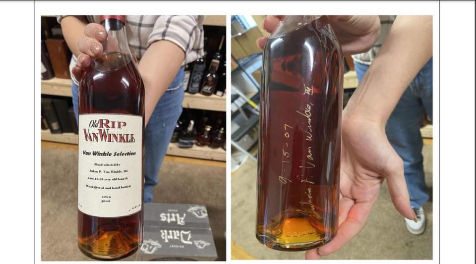 A rare bottle of Rip Van Winkle bourbon, signed by Pappy Van Winkle founder Julian Van Winkle, is part of the inventory being held in the Justins’ House of Bourbon case. Justins’ investor and Lexington developer Lee Greer petitioned Judge Thomas D. Wingate in Franklin Circuit Court to get the bottle back, alleging it is his personal property, but the judged denied the move and ordered it stay with the 600-plus other bottles while the case is decided by Kentucky Alcohol Beverage Control Board. Court filing