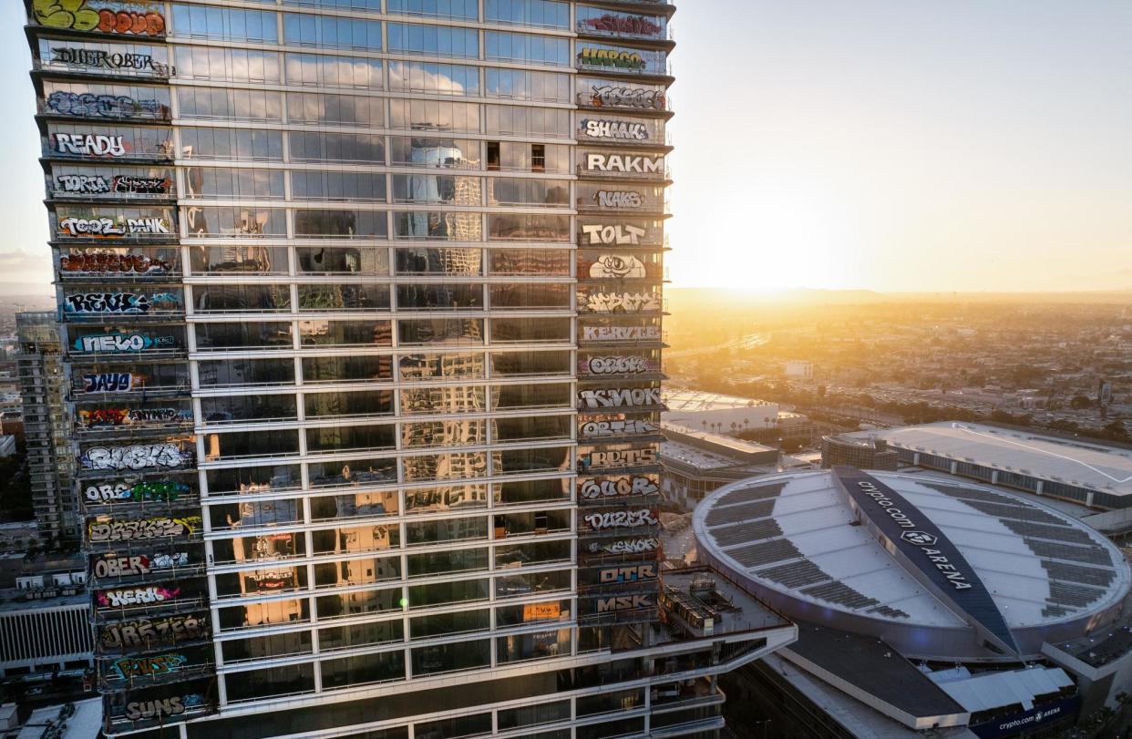 <span>The abandoned Oceanwide Plaza in downtown LA.</span><span>Photograph: Mario Tama/Getty Images</span>