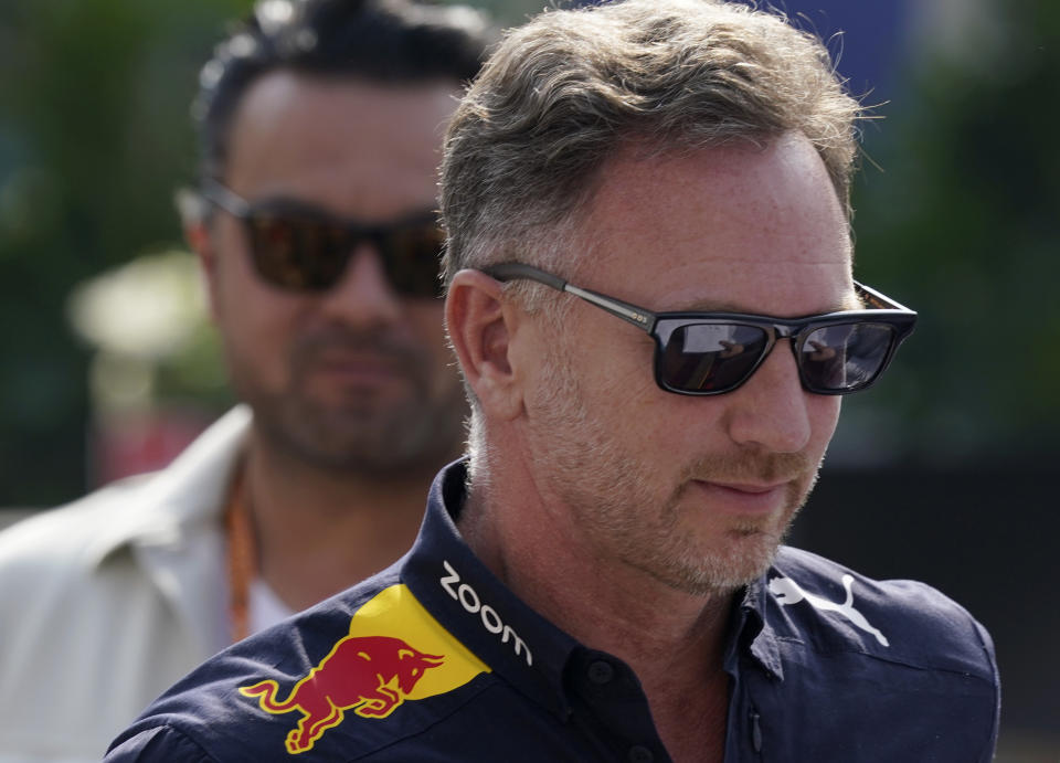 Red Bull principal Christian Horner arrives at the Formula One Mexico Grand Prix practice day at the Hermanos Rodriguez racetrack in Mexico City, Friday, Oct. 28, 2022. (AP Photo/Fernando Llano)