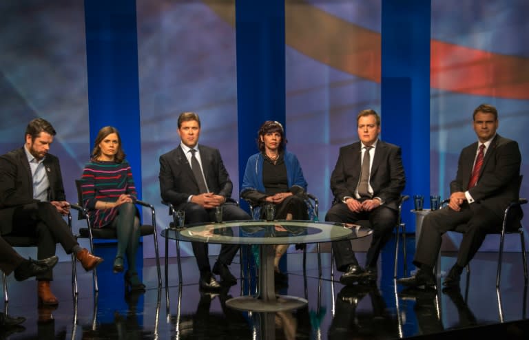 Birgita Jonsdottir (4L), leader of Iceland's Pirate Party, takes part in a TV debate with other party leaders on election night in Reykjavík on April 28, 2013