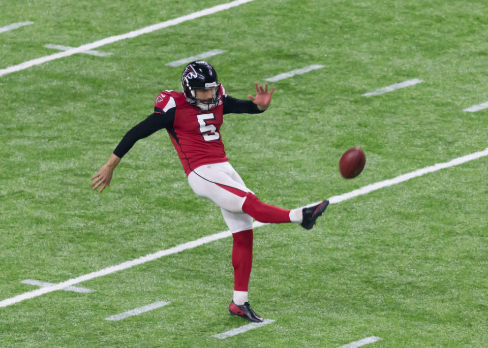 Matt Bosher, seen here in the Super Bowl a couple years back, just bounced a punt off his teammate’s head. (Getty)