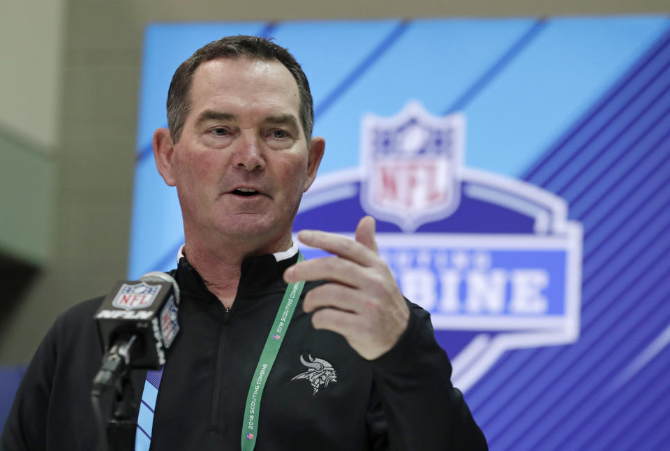 Minnesota Vikings head coach Mike Zimmer speaks during a press conference at the NFL scouting combine. (AP)