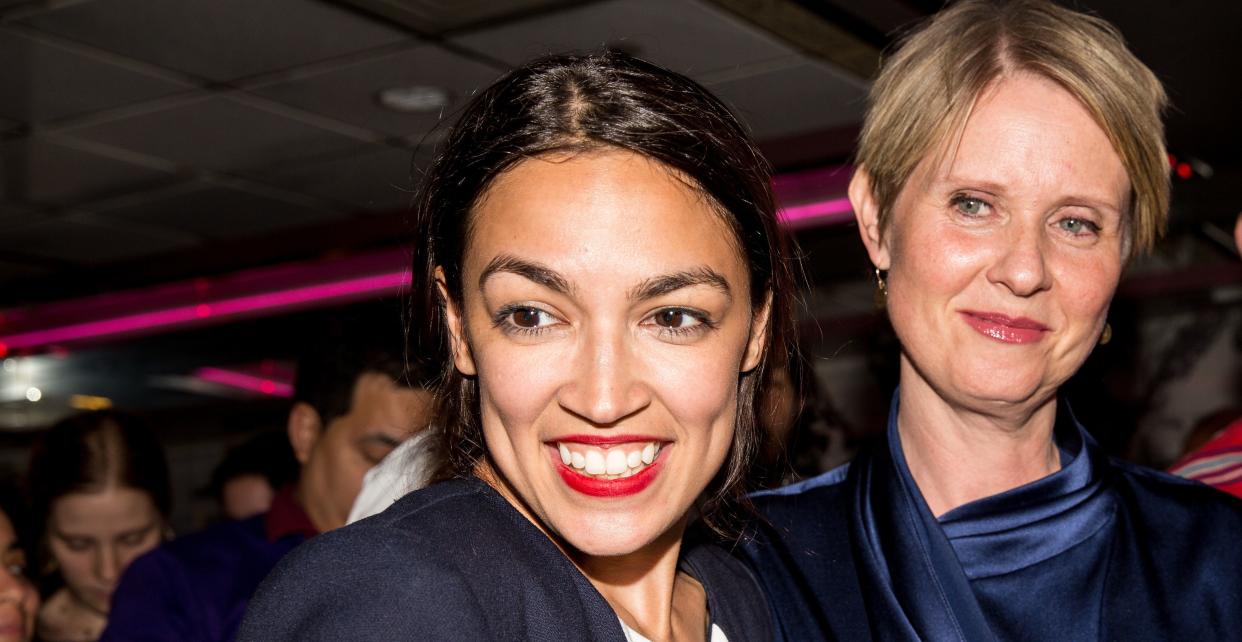 Alexandria Ocasio-Cortez, joined by gubernatorial candidate Cynthia Nixon (right), celebrates her upset victory on June 26. (Photo: Scott Heins via Getty Images)