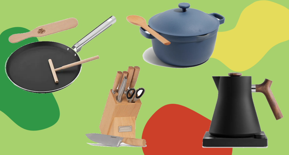 Colourful collage featuring crepe pan, knife block, electric kettle, and Our Place pot