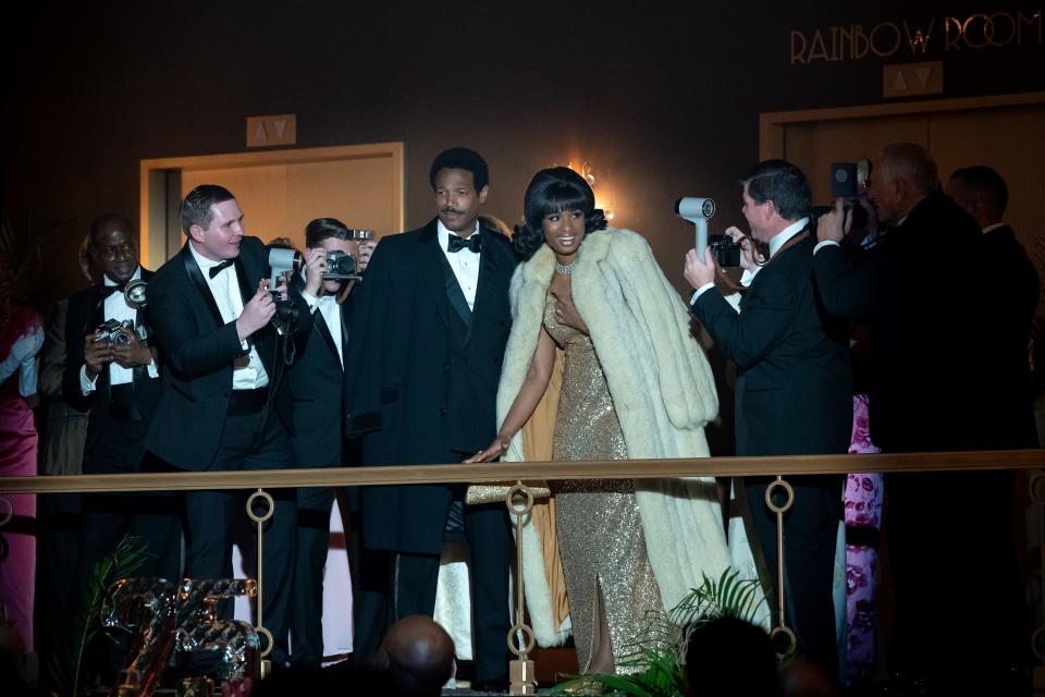 Marlon Wayans (center) as Ted White and Jennifer Hudson as Aretha Franklin in "Respect," in a scene set at New York's Rainbow Room.