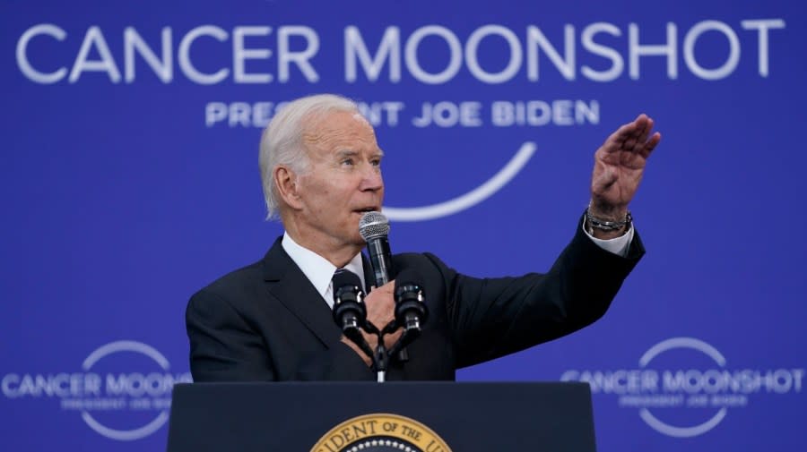 <em>FILE – President Biden speaks on the cancer moonshot initiative at the John F. Kennedy Library and Museum in Boston, Sept. 12, 2022.</em>