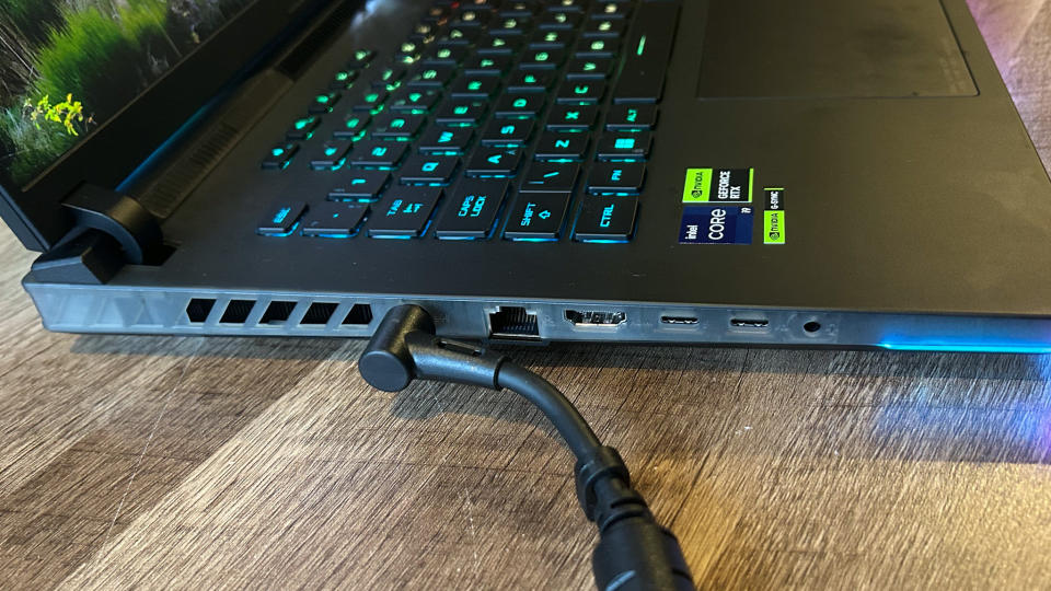 Asus ROG Strix Scar 16 side showing ports and translucent plastic materials