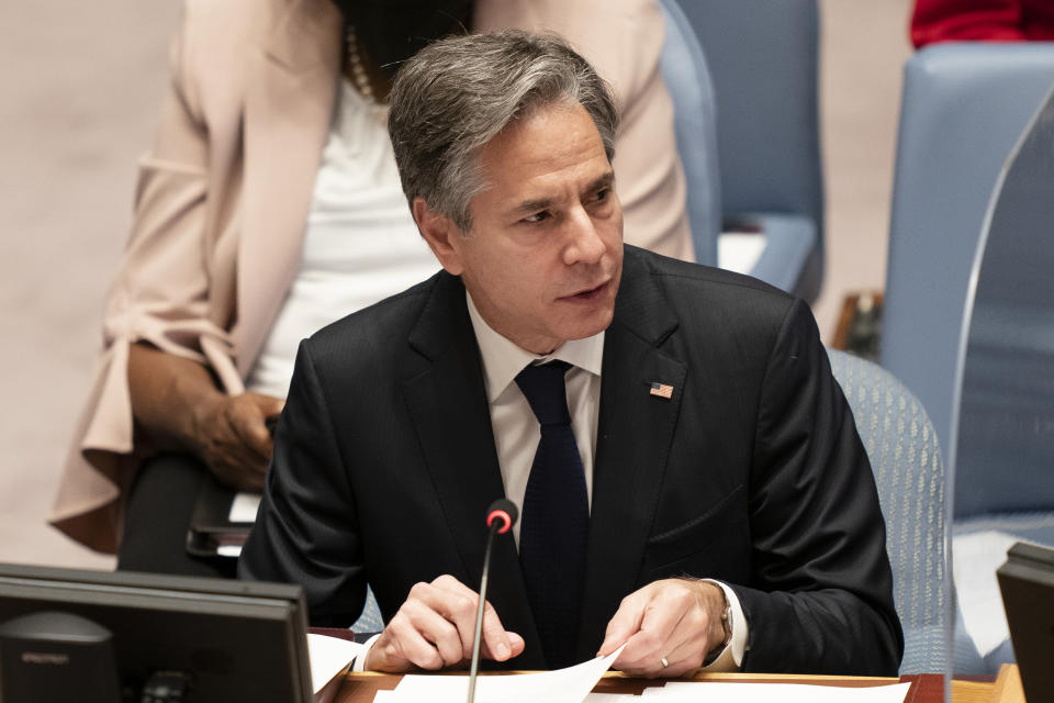 Antony Blinken, United States Secretary of State, speaks during a meeting of the United Nations Security Council, Thursday, Sept. 23, 2021, during the 76th Session of the U.N. General Assembly in New York. (AP Photo/John Minchillo, Pool)