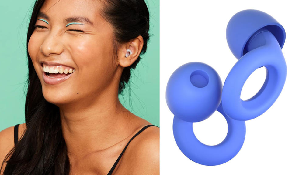 model wearing the earplugs and the full shot of the earplugs